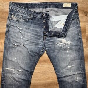Diesel Jeans Men 38x32 Blue Viker Straight Leg Destroyed Worn Rockstar 0RB24